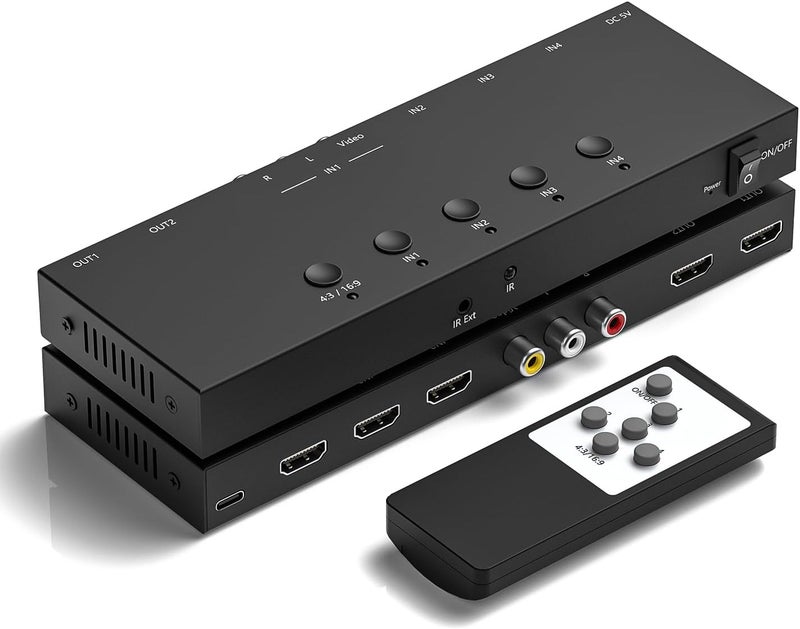 OseTub مفتاح HDMI و AV 2 في 1، 3 مدخلات HDMI + 1 مدخل RCA مع 2 مخرج HDMI، يدعم HDCP 2.2، 3D، نسبة العرض إلى الارتفاع 4:3/16:9، متوافق مع Xbox/Nintendo Switch/PS5/4، Roku/Wii/N64 - العب ألعاب حديثة وRetro على تلفازين - Image 1